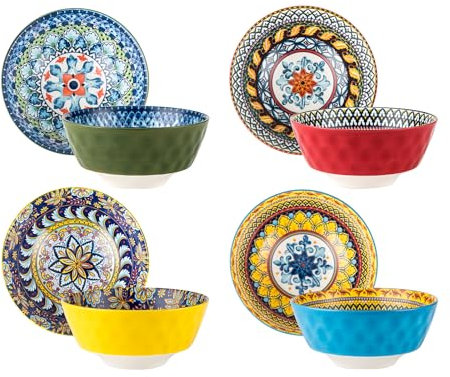 HENXFEN LEAD Salatschüssel aus Porzellan, 750ml Suppenschalen 4 Personen Schalen Set für Ramen, Dessert, Suppen, Müsli, Pasta - Bohemian Style