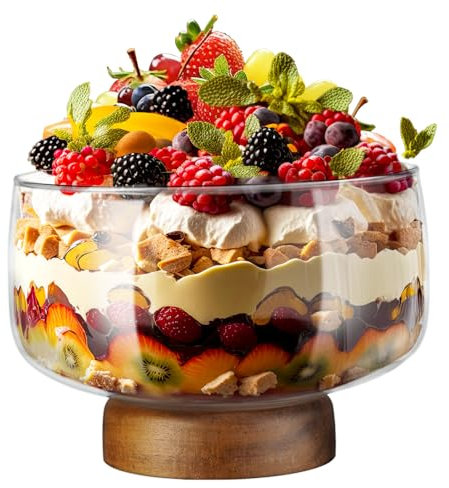 NiHome Grand bol en verre de 3,6 l avec support élégant en bois d'acacia, plat de service polyvalent pour gâteaux, salades, desserts, présentation élégante pour fêtes, mariages, occasions spéciales
