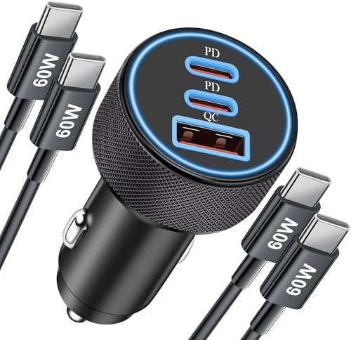 67W Cargador Coche Carga Rapida USB C para iPhone 17 Air 16 15 Pro MAX 16e, Samsung Galaxy S25 S24 S23 S22 Ultra, Pixel 9 8 7, Mechero Accesorios de Dual USBC y USB-A 12V Adaptador 2Pack Tipo C Cable