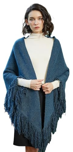 BEAUTELICATE Bufanda de Mezcla de Lana Mujer Capa Poncho de Punto Triangular Pashmina Chales con Flecos para Otoño Invierno Talla Grande (AirForce Azul)