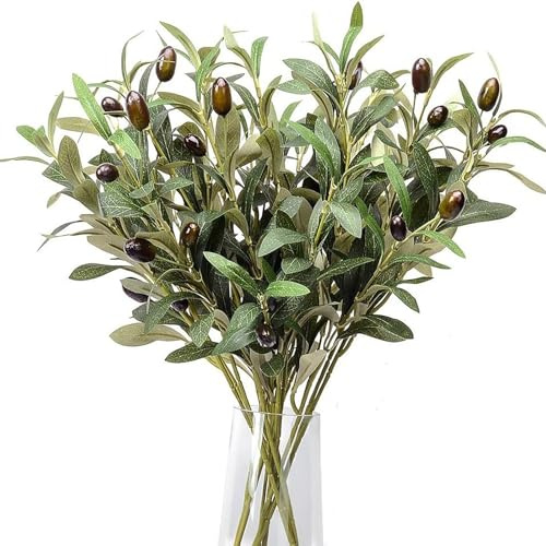 Ramas de Olivo Artificiales con Aceitunas, Set de 5 Ramas sintéticas realistas para decoración de hogar, Oficina, Eventos y Bodas, Plantas Artificiales versátiles sin Mantenimiento