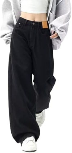 KIHFSODN Women's High Waisted Baggy Jeans Vintage Wide Straight Leg Boyfriend Denim Cargo Trousers with Pockets Y2K Hip Hop Jeans Baggy Jeans Straight Leg Washed Jeans(Black,XXL)
