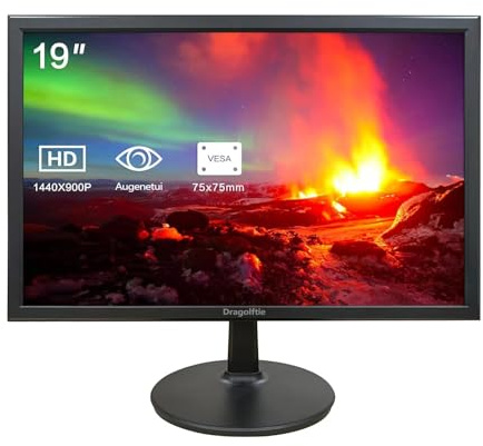 Dragolftie 19 Zoll PC Monitor 1440x900, Zwei Eingebaute Lautsprecher, 60Hz, 5ms, Computer Bildschirm mit Low-Blue Light Desktop Monitore, HDMI, VGA, VESA Montierbarer Business Bildschirm, Schwarz