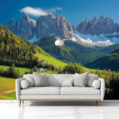 Paesaggio Naturale Montagne Dolomiti Villaggio Carta Da Parati 3D Fotomurale 250 x 175 cm Verde Murali, Per Soggiorno Divano Tv Hotel A Tema Corridoio Di Lusso Sfondo Dipinto Murale