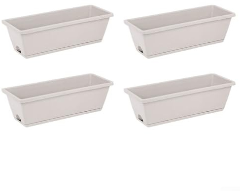 Set di 4 fioriere rettangolari in plastica con drenaggio efficace e vassoio, per giardinaggio di ortaggi e piante ornamentali su balconi o davanzali (colore grigio)