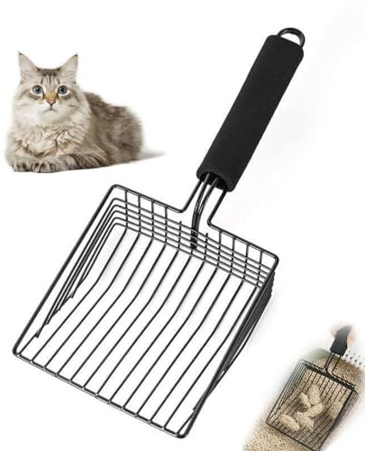 Lumi Zenva Cuchara de arena para gatos, cuchara de arena de metal, pala de tamiz, caja de arena con mango de madera, cuchara de arena para gatos, espaciado de orificios 8 mm, dimensiones 13X32cm