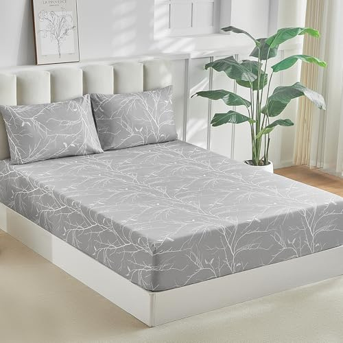 Tokokimo Sábana Bajera Ajustable para Cama 180, Incl 2 Fundas Almohada 50x80 - Sábana Bajera 180x200cm de 35cm 3 Piezas, Bajera Ajustable Microfibra Estampado de Ramas y Hojas, Gris Blanco
