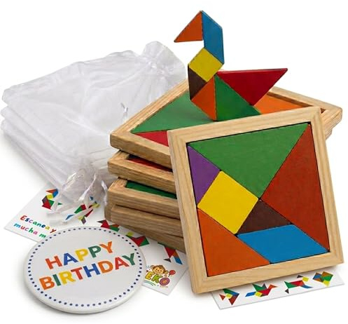 KeKo Pack 30 Tangram Infantil, 30 Bolsa, 1 Chapa Cumpleañera, 30 Guías Figuras, Regalos Cumpleaños Niños Colegio, Detalles Cumpleaños Niños, Regalitos para Invitados Infantiles, Detalles para Regalar