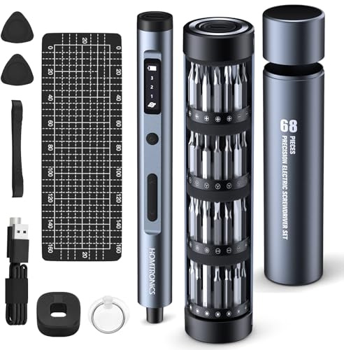 Homtronics Mini Elektrisk skruvmejsel, [68-i-1] elektrisk skruvmejselset med 60 magnetiska bitar, tyst, OLED-skärm, LED-ljus för reparation av telefon och laptop glasögon