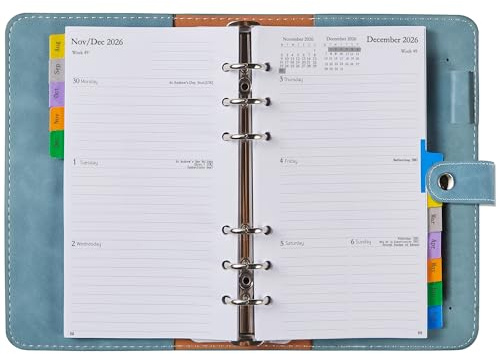 Kalender 2026 2027 påfyllningsbar, personlig A6 veckoplanering/mötesplanerare 1 vecka 2 sidor med flikar, PU mjukt lock, liten skolkalender ringbok (aug-jul), fickkalender bokkalender planerare