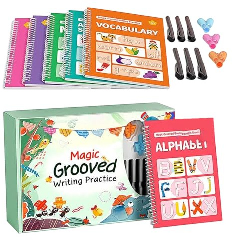 Tioheam Cahier d'Écriture,Cahier d'Apprentissage Réutilisable avec Rainures Guidées, de Pratique d'Écriture pour avec Prises de Stylo - pour École Maternelle Tout-Petits Enseignement à Domicile