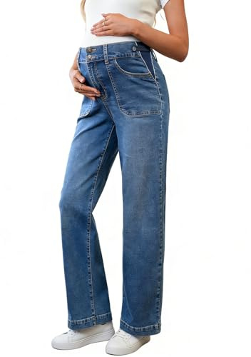 BLENCOT Women's Wide Leg Jeans Maternity High Waisted Straight Leg Stretchy Pregnancy Denim Pants with Pockets Light Blue L