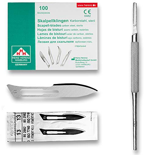 Set avec 100 x lames de scalpel N° 13 - Lame stérile en acier au carbone et 1 x May - manche de scalpel Figure N°3 avec manche rond en acier inoxydable