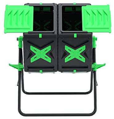 140L Dual Chamber Compost Bin Rotating Composter Tumbler with Easy-Turn, Fast-Working System for Garden, Black&Green