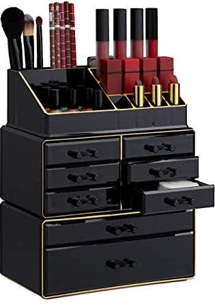 Relaxdays Make Up Organizer mit Schubladen, stapelbarer Schmuckkasten Make Up, Acryl Schminkaufbewahrung, schwarz-gold, 30 x 24 x 14 cm
