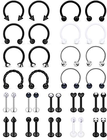 SCERRING 16g Lip Rings Stainless Steel Horseshoe Labret Monroe Nail Tragus Helix Earrings Studs Medusa Piercing Jewelry 8mm 36PCS Black