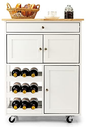 GOPLUS Carro Cocina con Estanterías, Mesa Bar con Botellero y 2 Armarios, Multifoncional Isla de Cocina con Ruedas de Goma y MDF, para Cocina, Sala de Estar, Blanco, 67 x 37 x 86 cm