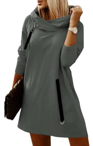 ORANDESIGNE Vestito Felpa Donna con Cappuccio e Zip Invernale Abito Maglione Corto Pullover Elegante Maglietta Maniche Lunghe Curvy Vestitino Moda Casual Crewneck Sweatshirt Grigio XL