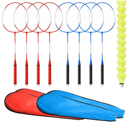 Woanger 8 Pack Badminton Rackets Set Including Badminton Racquets, Nylon Shuttlecocks and Carry Bag for Outdoor Backyard Games Beginners(Red & Blue)