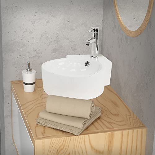 ML-Design Lavabo d'Angle en Céramique Blanc, 450 x 360 x 130 mm, Rond, Montage Mural/à Poser, avec Trop-Plein et Trou pour Robinet, Vasque Lave-Mains Évier pour la Salle de Bain, Design Moderne