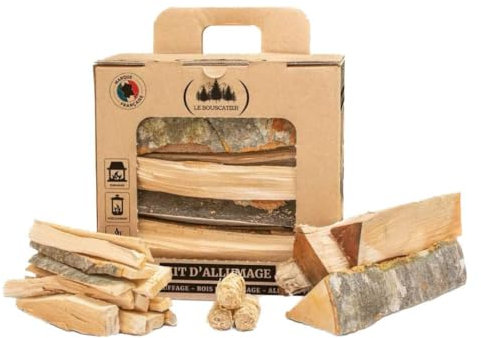 Le Bouscatier kit d'allumage Complet Petit Bois, buche et Allume feu pour cheminée poêle Four Pizza cuisinières Barbecue Charbon et brasero. 8 kg Sec hêtre chêne Boite Allumette Offerte