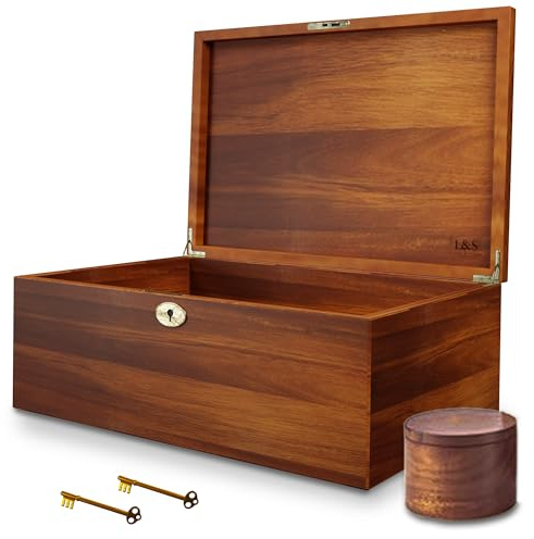 LUSH & STYLE Large Memory Box For Keepsakes Acacia Wood, Decorative Boxes With Hinged lid and locking key, Memory treasure Wood Trunk, Wooden Storage Box, Wooden Gift Chest. Size: 11x9x5 Inch