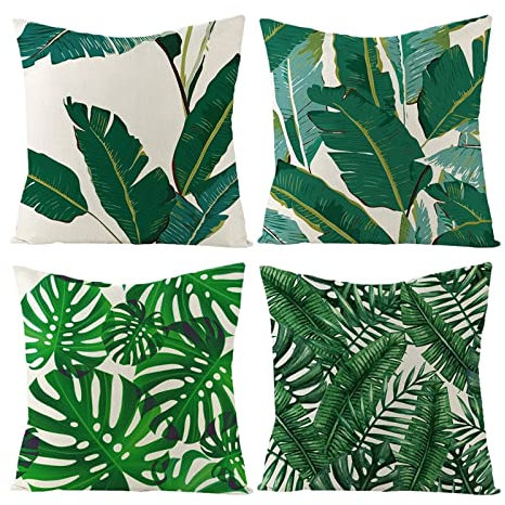 Kissenhülle 40X40 Leinen, Kissen Couch Vintage Kissenbezug 4Er Set Bananenblatt Grün Rosa für Stuhl Sofa Wohnzimmer Schlafzimmer