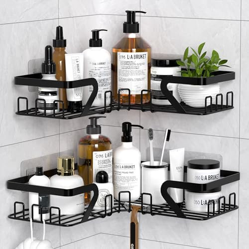 Kegii Corner Shower Caddy, Shower Corner Shelf, Bathroom Storage No Drilling, Adhesive Shampoo Organiser Rack, Bathroom Shelves Storage, Black Shower Accessories