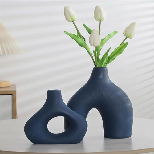 CEMABT Jarrón de cerámica Azul Set de 2 jarrones Dobles de montaña para decoración en Estilo Moderno Boho nórdico Minimalista - jarrones para salón, Boda, Mesa de Comedor