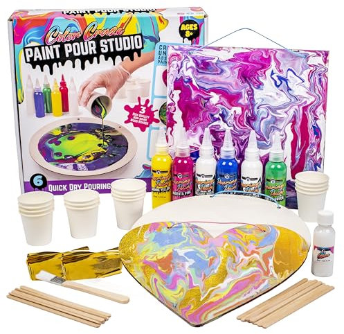 Original Stationery Colour Craze Paint Pour Studio, Acrylic Paints Set with Art Boards, Gold Sheets for Pouring Paint Art, Gift Idea