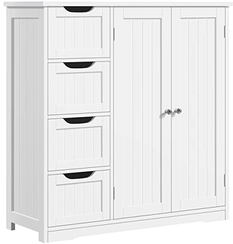 Yaheetech Badezimmerschrank Unterschrank Badkommode mit 4 Schubladen und 2 Türen Badschrank Bodenschrank mit höhenverstellbaren Einlegeboden fürs Badezimmer Wohnzimmer Flur Küche, Weiß