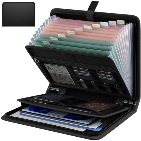 Huolewa Fireproof Accordion File Organizer, Portable Expanding File Folder with Waterproof Zipper&Labels, Black Document Organizer with 13 Pockets, File Organizer for Important Document/Paper Storage
