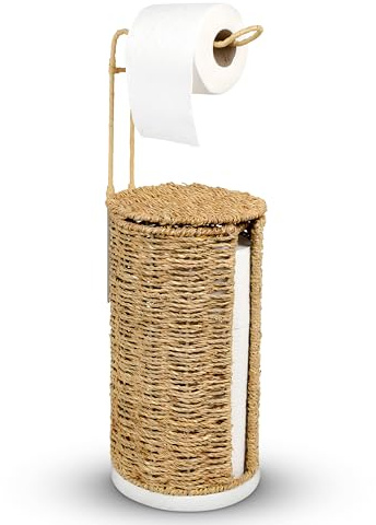 Freestanding Wicker Toilet Paper Holder with Lid, 3 Rolls of Toilet Tissue Storage, Rattan Handmade Woven Toilet Paper Roll Holder Stand, Decorative Boho Bathroom Farmhouse Toilet Paper Holder