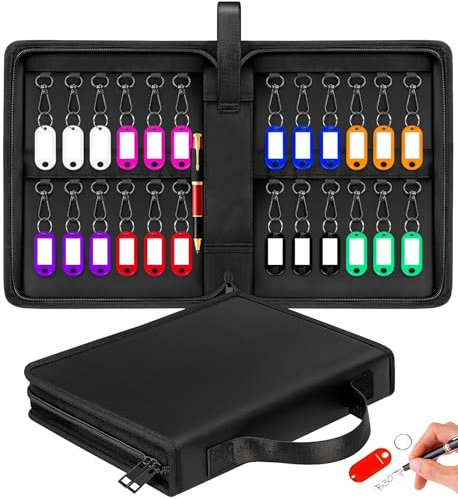 VOBUKE Key Case Organizer Leather Key Storage Box with 24 Hooks and Tags Portable Hand Car Key Storage Bag Double Zippered Security Key Cabinet Key Safe Wall Mount for Real Estate Hotels Landlords