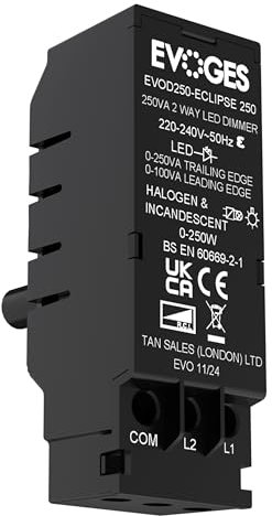 Evoges EVOD250 250VA 2 Way Push On Push Off Replacement LED Dimmer Module Switch (100VA Leading Edge & 250VA Trailing Edge Dimmer)
