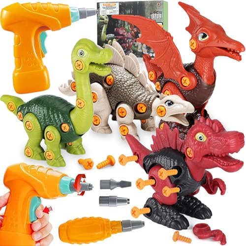 STAY GENT Plocka Isär Dinosaurie Leksaker för Barn, 4 Packs DIY Dinosaurie Pedagogisk Byggnad Leksaker med Elektrisk Borr, STEM Jul Födelsedagsgåva för 3 4 5 6 7 år Pojkar Flickor