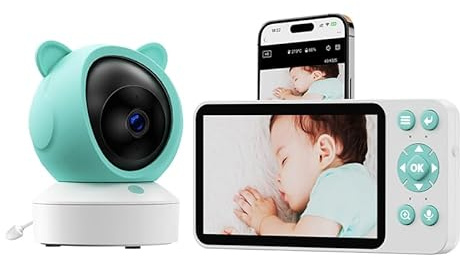 YOBWOK Babymonitor med Kamera Högsta Kvalitet 2K/3MP,5.0 tums 360°WLAN Videobabymonitor med App,IR-nattvision,Dubbelriktad Ljudkommunikation,Vink/Motion/Ljuddetektering, Temperatursdisplay