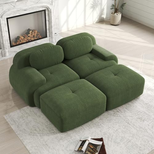 Vepssder Canapé 2 Places en Velours côtelé, modulable combinable avec Chaise Longue, antidérapant, accoudoirs ergonomiques et revêtement hautement élastique pour Salon et Chambre,Vert