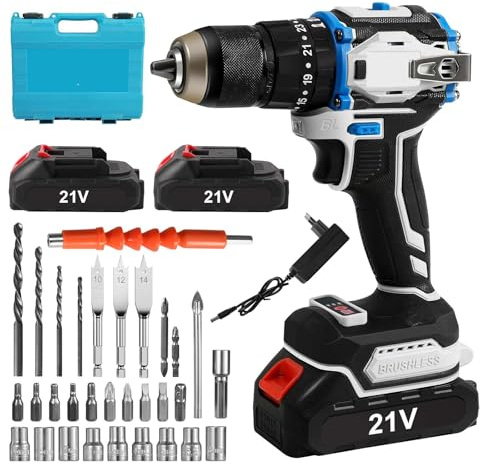Taladro atornillador inalámbrico de 21 V, destornillador eléctrico 3 IN1 con 2 baterías 6500 mAh, 70 Nm, taladro percusión,25 + 1 ajustes de par,LED, 2 velocidades,31 accesorios, para uso doméstico y