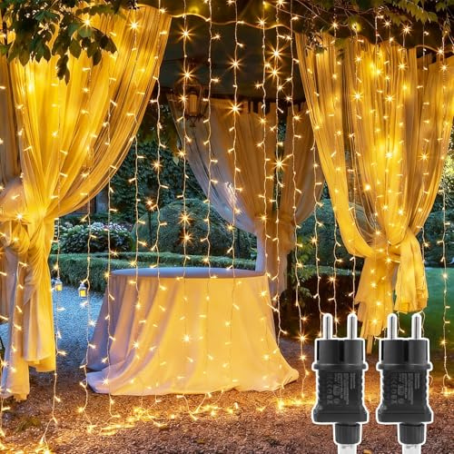 Cortina de Luces 3x2m 2 Piezas, Luces Navidad con Enchufe para Exterior Interior, 8 Modos Impermeable Guirnalda de Luces para Paredes Habitaciones Balcones Jardín Terraza Decoración Navideña