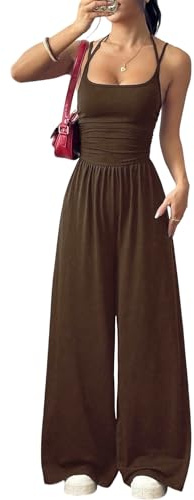 LIAMERHE Tuta Intera Donna Elegante Salopette Estiva Sexy Schiena Scoperta Pantaloni Larghi Vita Alta Tutine Lunga Casual Monopezzo Jumpsuit Playsuit per Cerimonia Party Spiaggia Mare Moda Marrone S