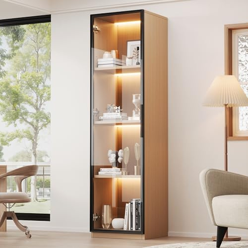 Merax Vitrine avec porte en verre 40×40×165 cm, meuble haut étroit en MDF aspect chêne, avec verre trempé, LED, meuble d'exposition pour salon bureau, couleur bois