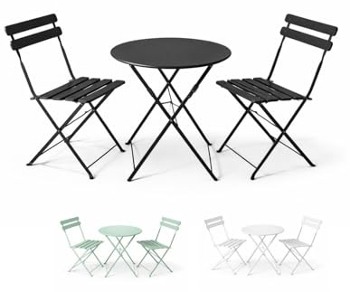 Jardin202 - Set Bistró Plegable Arles Metalico | Mesa y 2 Sillas de Exterior e Interior Resistente | Muebles de Jardin, Balcón y Terraza | (Negro)