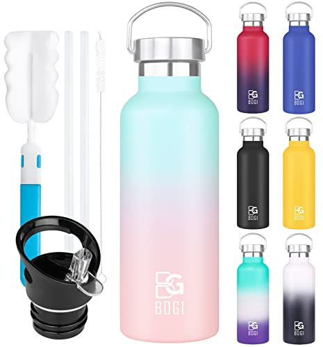 BOGI 600ml Double Wall Vacuum Insulated Stainless Steel Water Bottle-Scratch Resistance&Eco-Friendly for Outdoor Sports Yoga Camping,Straw Flip Cap+Cleaning Brush-1 Year Warranty(Green)