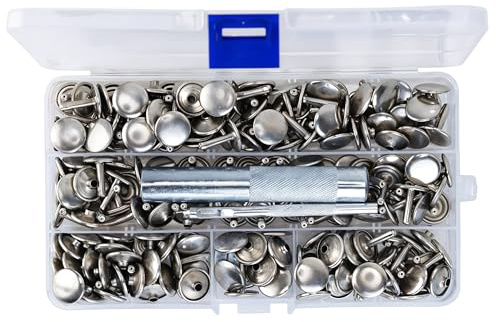 Trimming Shop 100 Set Leather Rivets Kit, 9mm Silver Double Cap Rivets Tubular Metal Studs with 3 Fixing Tools for DIY Leather Crafts Clothing Repair Bags Shoes Decoration