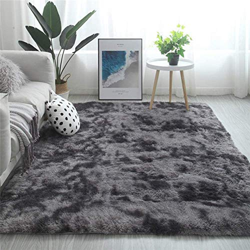 Tapis pelucheux à poils longs doux et antidérapant pour chambre à coucher, salon, décoration d'intérieur (120 x 160 cm, noir et gris)