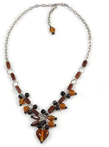 Avalaya Romantic Amber Brown/Black Glass and Ceramic Bead Heart Pendant Charm Necklace In Silver Tone/64cm L