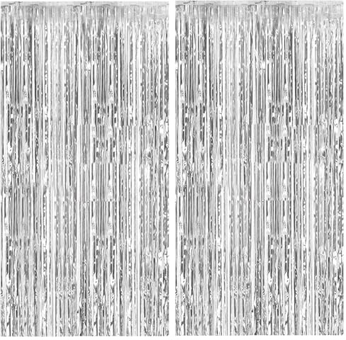 2 Pack Silver Backdrop Curtain Party Decorations Foil Fringe Backdrop Silver Tinsel Streamers Birthday Bachelorette New Year Christmas Wedding Baby Shower Disco Party Decorations