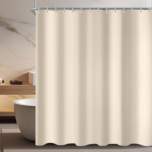 Lerores Cortina de ducha de 180 x 170 cm, color beige, dobladillo con peso, tela antimoho, impermeable, lavable, tela de poliéster para baño, bañera con 12 anillos de cortina de ducha