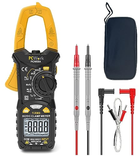 PCWork Profi Stromzange AC DC PCW05A, TRUE RMS Zangenmultimeter, Strommesszange 600A, Digital Multimeter AUTO RANGE, 6000 Counts Bi-Color LCD Display, Zangenamperemeter, Amperezange, Durchgangsprüfer